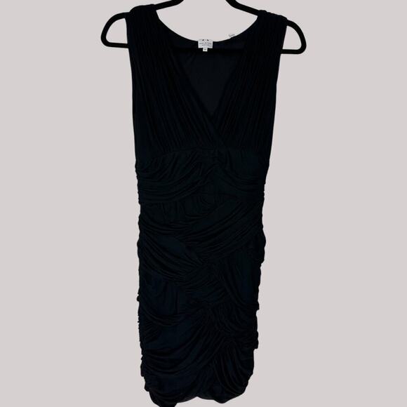 Halston Heritage Black Bodycon Ruched Mock Wrap Black Cocktail Dress (M) - Picture 15 of 16